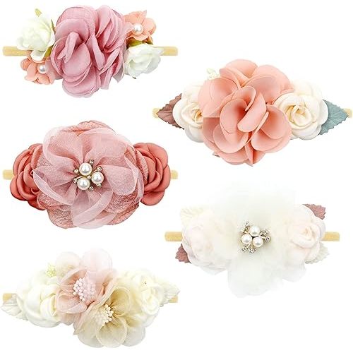 Cinaci 5 Pack Delicate Floral Flower Nylon Headbands Hair Bands Accessories for Baby Girls Newborns Infants Toddlers Kids (5 Pack S8)