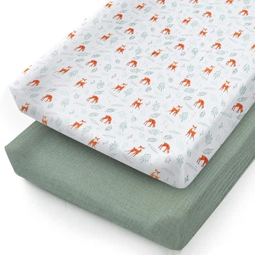 Kiwi Crib Muslin Changing Pad Cover for Baby Boy and Girl - Extra Soft 100% Cotton Diaper Changing Table Covers - 2 Pack Woodland and Sage Green Changing Pad Sheets