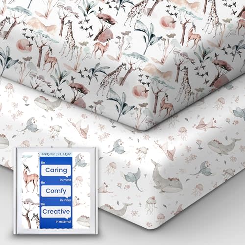 TotBasic Pack and Play Sheets Fitted, Ultra Soft Mini Crib Sheets Girl, Pink Pack N Play Mattress Sheets Hypoallergenic and Soothing, Premium Jersey Playard Sheets, Safari Sea Animals, 2 Pack