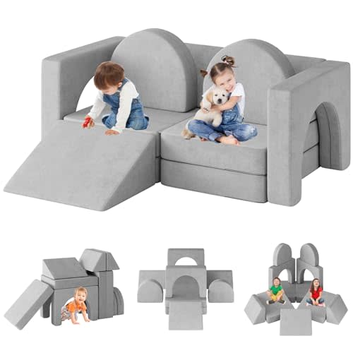 DEYGIA 10PCS Modular Kids Play Couch, Kids Couch with Climbing Slope, 10 in 1 Toddler Couch for Playing, Creativing, Sleeping, Indoor Kids Sofa for Boys and Girls (Gray)
