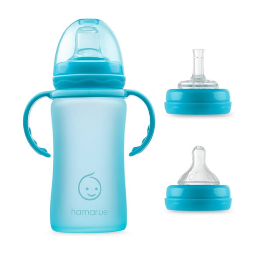 3-in-1 Glass Sippy Cups for Toddlers | Silicone Coated Glass Baby Bottles | Non-Toxic Transition Cup for Baby with Removeable Handles | Baby Straw Cup NB+,3M,6M,12M (Teal, 8 oz)