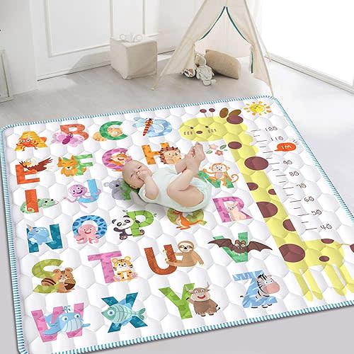 Baby Play Mat for Floor, 71x59 Extra Large Playpen With Giraffe Height Gauge, Non-Slip One-Piece Thick Crawling Mat for Babies and Toddlers, Machine Washable & Foldable