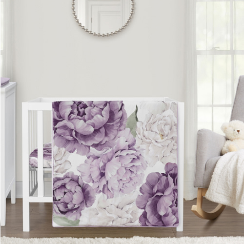 Peony Floral Garden Lavender Purple and Ivory Collection 3 Piece Mini Crib Bedding Set