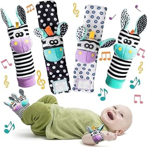 4Pcs Baby Wrist Rattles & Foot Finders Sock,Newborn Hand and Foot Rattles Suitable Toy for Babies,Educational Development Infant Toys,Infant Rattle Socks for 0-12 Months boy/Girl Gift…