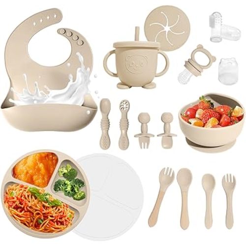 Baby Led Weaning Supplies, 17 Piece BPA-Free Silicone Feeding Set, Eating Essentials Baby Utensils with Suction Plate and Bowl, Pocket Bib, Sippy Cup with Lid, for 6+ Months, Beige