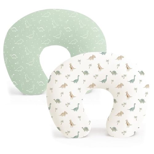 Konssy 2 Pack Nursing Pillow Covers, Stretchy and Soft Nursing Cover for Breastfeeding Pillows, Pillow Slipcover for Baby Girls Boys Newborn (Dino Jungle, Sage)