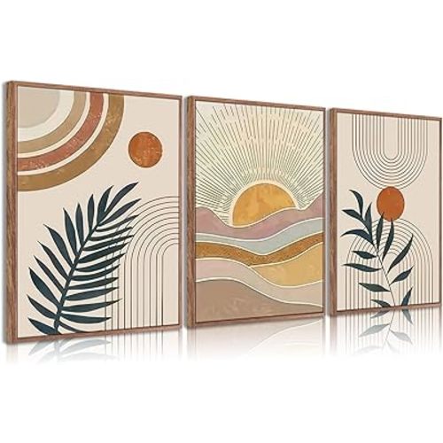 3Pcs Framed Boho Abstract Wall Art Orange Rainbow Sun Desert Minimalist Picture Mid-Century Modern Poster Prints Neutral Botanical Geometric Canvas Painting Wall Decor for Living Room 16L x 12W