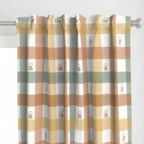 Pooh Gingham Curtain Panel - Vintage Gingham Warm Neutral Winnie The Pooh Custom Curtain Panel - Winnie-the-pooh by at_the_cottage -