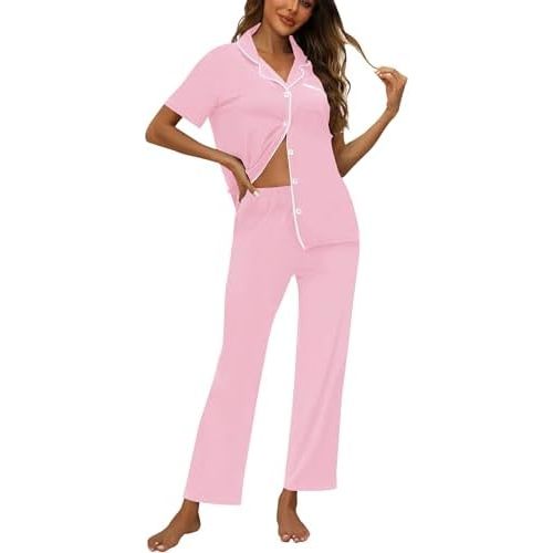 Womens Pajamas Sets 2 Piece Button Up Pj Sets Short Sleeve with Long Pant