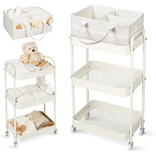Fortella Baby Diaper Caddy, 3 Tier Rolling Cart for Baby Essentials, Taupe