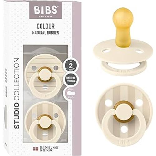BIBS Pacifiers - Colour Studio 2 Pack | Round Nipple Baby Pacifier | BPA Free Natural Rubber Latex Soother | Made in Denmark | Size 6+ Months | Pin Ivory Vanilla