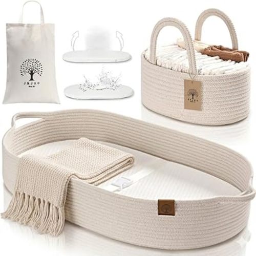 Baby Changing Basket Includes Diaper Caddy - Soft & Waterproof Dual-Cover, Portable, Changing Pad for Dresser & Changing Table, Gift for Baby Shower, Organic Cotton Rope