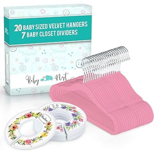 Baby Nest Designs 20 Baby Hangers with 7 Closet Dividers for Nursery Velvet Clothes Hangers Unisex Newborn Essentials Baby Size Organizer for Infant Clothing to 24 Months