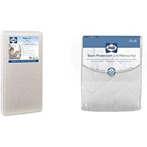 Sealy Baby Flex Cool 2-Stage Airy Dual Firmness Waterproof Standard Toddler & Baby Crib Mattress and Stain Protection Waterproof Fitted Crib Mattress Pad
