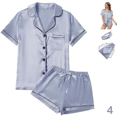 4Pcs Womens Satin Silky Pajama Sets Short Sleeve Shirt XS-4XL Floral Pajamas Set Soft PJ Loungewear Sleepwear