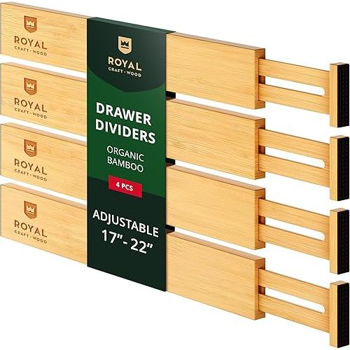Drawer Divider and Organizer for Kitchen Organization - Adjustable Bamboo Drawer Dividers Organizers (17 - 22") - 4-Pack Expandable Drawer Organization Separators for Kitchen, Bedroom & More, Natural