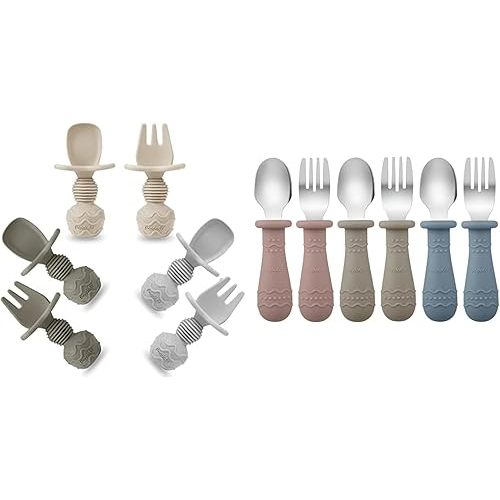 PandaEar Silicone Baby Spoons & Toddler Utensils (Blue/Brown/Red)
