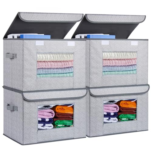 Univivi Fabric Foldable Storage Boxes [4-Pack] Large Collapsible Stackable Storage Bins with Lids, Closet Organizers and Storage Cube Basket for Home, Office, Bedroom (Gray, 17 x 12 x 12")