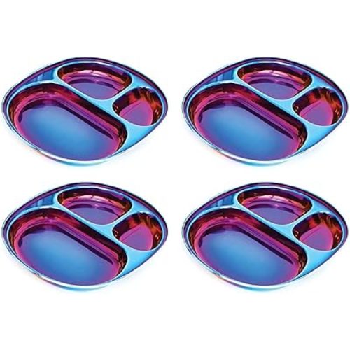 Ahimsa Stainless Steel Plates for Kids - Divided Plates for Toddlers, Pediatrician Designed, Non Toxic Toddler Plate, BPA Free & Dishwasher Safe (Blue Set of 4)