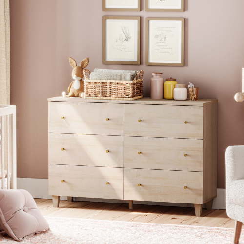 Light Oak Dresser with 6 Drawers for Bedroom, Modern Wood Wide Double Dressers, 47.2 Inches Wide Chest of Drawers