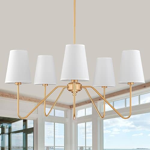 Brass Gold Chandeliers for Dining Room, 5-Light Modern Pendant Light Fixture Over Table with White Shade Farmhouse Lighting Fixtures for Living Room Bedroom Hallway Height Adjustable