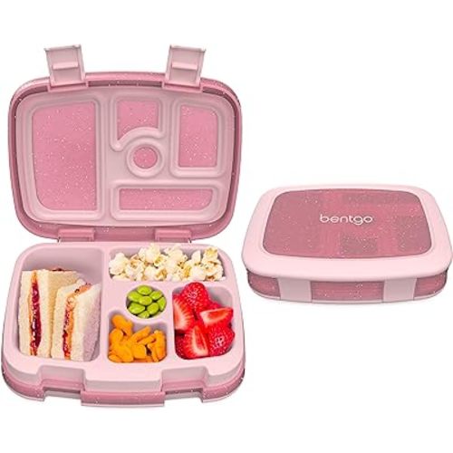 Bentgo Kids 5-Compartment Lunch Box - Glitter Design for School, Ideal for Ages 3-7, Leak-Proof, Drop-Proof, Dishwasher Safe, & Made with BPA-Free Materials (Glitter Edition - Petal Pink)