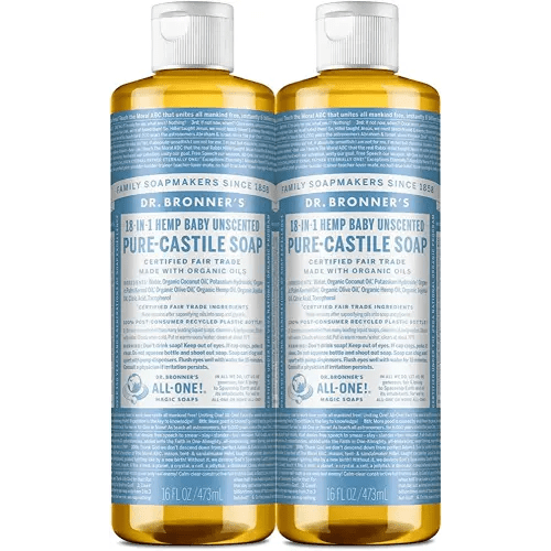 Dr. Bronner's - Pure-Castile Liquid Soap (Baby Unscented, 16 ounce, 2-Pack) - Made with Organic Oils, 18-in-1 Uses: Face, Hair, Laundry and Dishes, For Sensitive Skin and Babies, No Added Fragrance