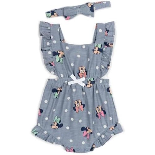 Disney Minnie Mouse Baby Girls Square Neck Chambray Romper and Headband Newborn to Infant Sizes (0-3 Months - 18 Months)