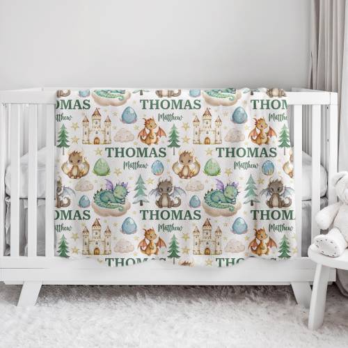 Custom Dragons Nursery Baby Name Blanket, Personalized Castle Swaddle Baby Shower Gift, Forest New Mom Hospital Blanket, Newborn Gift