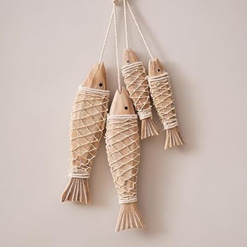4 Pack Hand Carved Antique Wood Fish Sculpture Decor Ornament with Fishing Net, Beach Theme Wall Art Hanging Wooden Nautical Fish Decorations for Home, Lake House, Bathroom Bedroom Decorated
