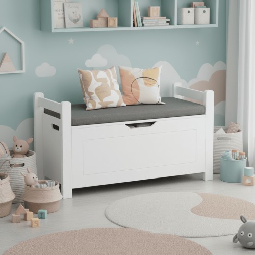Homy Casa Accent Storage Cabinet with Cushion Seat, Wooden Toy Chest Bench for Kids, White