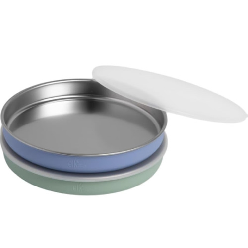 Elk and Friends 7.8” Stainless Steel Non Divided Plates with Silicone Sleeve + Storage Lid | Baby, Toddler, Kids | Dishwasher Safe | Dinner & Snack Plates | 4 Pack