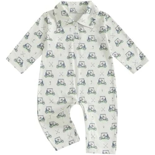 Newborn Baby Boy Golf Outfit Golf Cart Collared Romper Lapel Button Long Sleeve Jumpsuit One Piece Fall Outfits