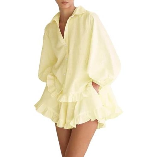 Womens 2 Piece Outfits Ruffle Trim Long Sleeve Button Down Shirt and Shorts Casual Striped Lounge Sets