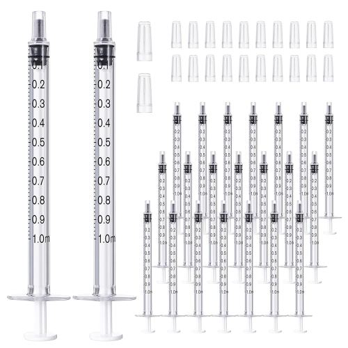 JOLLY PARTY 20 Pack 1ml Syringes with Caps, 1cc Syringe Needleless, Small Oral Syringe with Tip Cap Individually Wrapped for Scientific Labs, Liquid Measuring, Pet Feeding, Oil & Glue Dispenser
