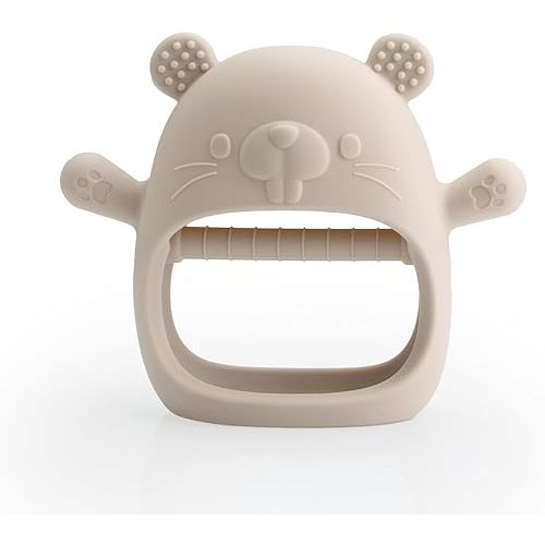 Silicone Baby Teether 6-12 Months,Infant Teether Easy to Hold Teething Rings for Babies 0-6 Months Teething Relief Toys for Baby,Groundhog Gloves Teether Beige