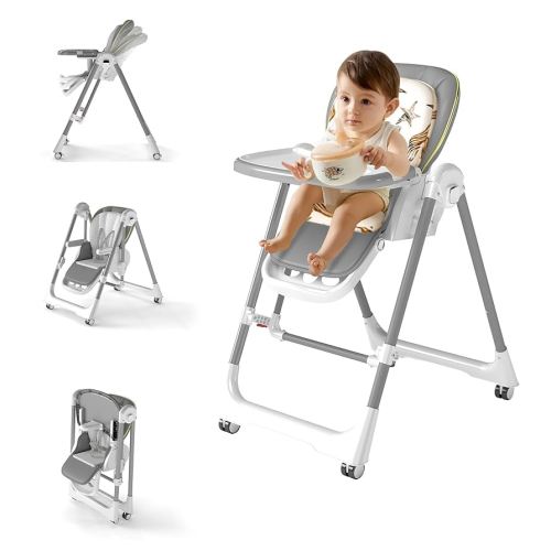 High Chairs for Babies and Toddlers, Foldable High Chair with Lockable Wheels, 4-in-1 Convertible, Adjustable Reclining Seat with Leg Rest & 5-Point Harness, Soft Cushion, Portable When Folded, Gray