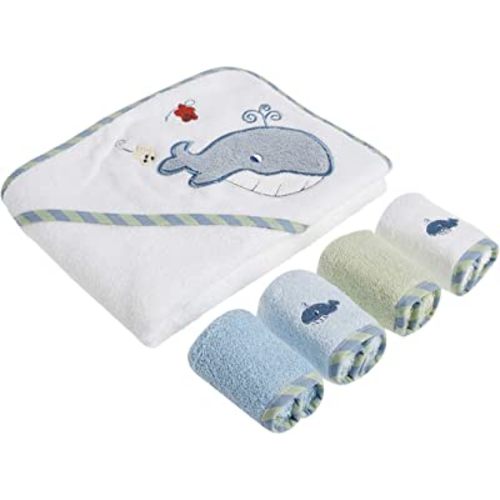 Spasilk Bath Hooded Towels & Washcloths Set for Babies, Hooded Terry Bath Towel & 4 Washcloths, Blue