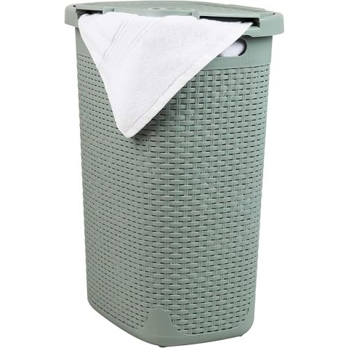 Mind Reader 60L Slim Laundry Hamper, Clothes Basket, Lid, Wicker Design, Plastic, 17.65"L x 13.75"W x 24.15"H, Mint