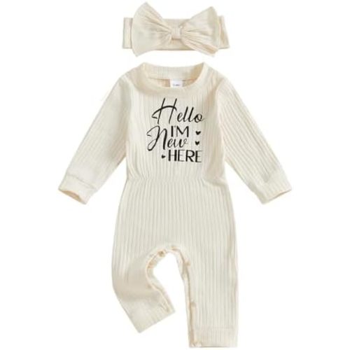 Winioder Newborn Baby Girl Fall Clothes Ribbed Long Sleeve Romper Jumpsuit with Headband Infant 2Pcs Coming Home Outfit
