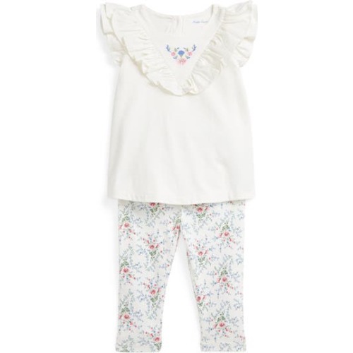 Embroidered Cotton Ruffle Top & Floral Leggings Set