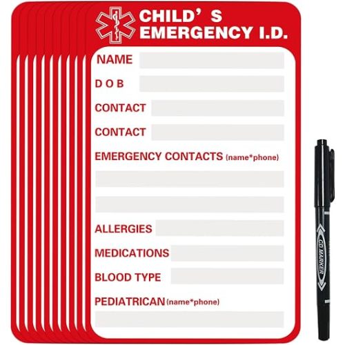 Car Seat Emergency Info Sticker，Emergency Contact Card，Waterproof Car Decorative Stickers - Personalized Car Stickers,10-Pack, Red