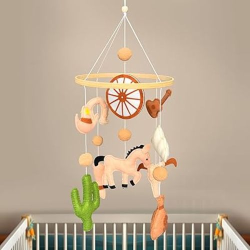Western Baby Shower Cowboy Mobile for Crib Ceiling Mobile Cowboy hat Cloud Cactus Guitar Wheel Horse Money Bag Boots Decoration for Room Decor