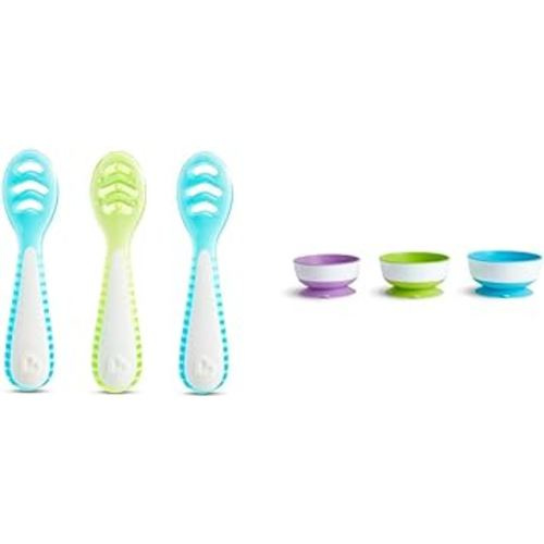 Munchkin® Gentle Dip™ Multistage First Spoon Set for Baby Led Weaning, Self Feeding, Solids & Purees, 3 Pack, Blue/Green & Stay Put™ Suction Bowls for Babies and Toddlers, 3 Pack, Blue/Green/Purple