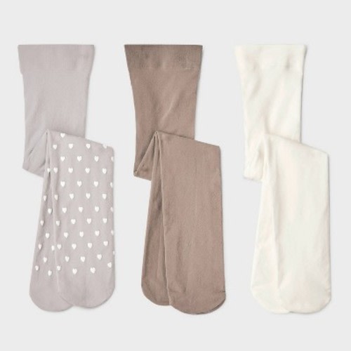 Baby Girls' 3pk 'Hearts and Solid' Printed Tights - Cat & Jack™ Taupe/Gray/Ivory 6-12M: High Waisted Knit Hosiery