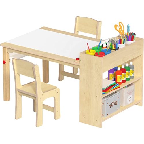 GDLF Kids Art Table and 2 Chairs, Wooden Drawing Desk, Activity & Crafts, Children's Furniture, 42x23
