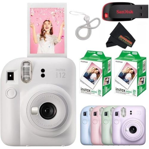 Fujifilm Instax Mini 12 Instant Camera Clay White with Sandisk 32 GB USB Flash Drive + 40 Sheets Fujifilm Instax Mini Film Bundle, Sunshine Photo Microfiber Cleaning Cloth Included...
