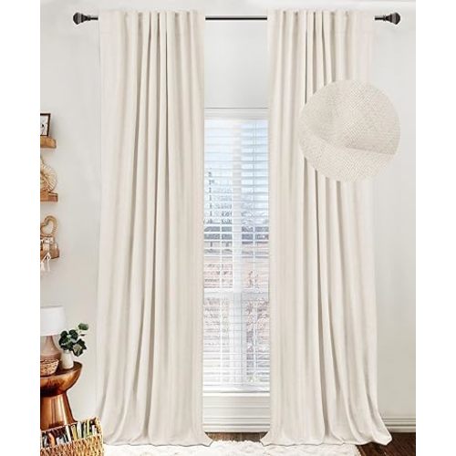 100% Blackout Shield Linen Blackout Curtains for Bedroom 108 Inches Long, Back Tab/Rod Pocket Living Room Drapes, Thermal Insulated Blackout Curtains 2 Panels Set, 50" W x 108" L, Beige White