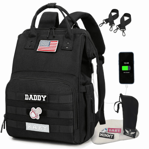 Camo Diaper Bag Backpack for Dad and Mom with USB Charging Port Stroller Straps and Insulated Pocket,army military Travel Nappy Backpack (Black)