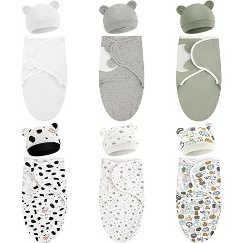 6 Pack Preemie Swaddle Blanket Wrap with Hat Set Cotton Baby Swaddle Wrap Hat Set for Preemie Newborn Boys Girls (Neutral Series,for 3-7 Lbs)
